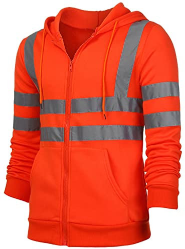 AUBIG Herren Sicherheitsjacke Kapuzen Sweatshirt Reflektierend Jacke Warnjacke Verkehr Arbeitsjacke Warnschutzjacke Orange 3XL