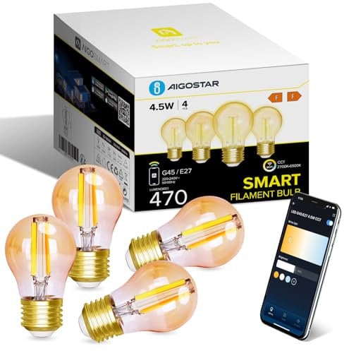 Aigostar Alexa Glühbirne E27, Smart LED Vintage Lampe, Smarte Glühbirne G45 Bernstein Globe, 4.5W 470LM, Warmweiß Dimmbar 2700K -6500K, Kompatibel mit Alexa und Google Home, 4 Stücke