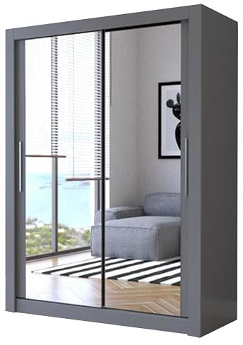 IE INTERIOR EMPORIUM Milan Full Mirror Double Sliding Door Wardrobe (or three in the 250cm size) With Shelves, Hanging Rails and LED Light in 6 Sizes & 4 Colors (100cm, Gray)