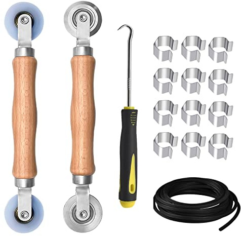 BAYTORY Upgrade Window Screen Repair Kit, Steel/Nylon Roller Tool | Spline Removal Hook, 32ft Retainer Spline and 12pcs Screen Clips Replacement for Installing Door Mesh Screens
