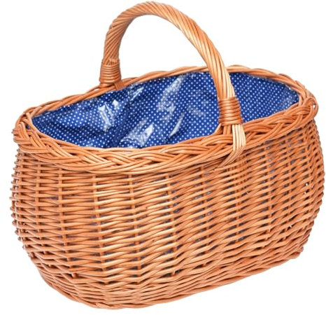 Kleiner Einkaufskorb/Autokorb aus Weide mit Henkel und fester Stoffeinlage (blau mit weißen Punkten) | festangebracht, mit Schutzfolie) | geflochten oval