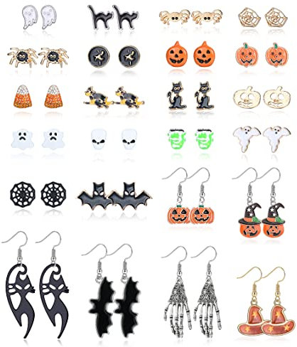 LOLIAS 24 Paar Halloween Ohrstecker Sets Fledermaus Katze Spinne Kürbis Hexe Ohrring Set für Damen Spinnennetz Kürbis Boo Geist Totenkopf Ohrhänger Halloween Schmuck