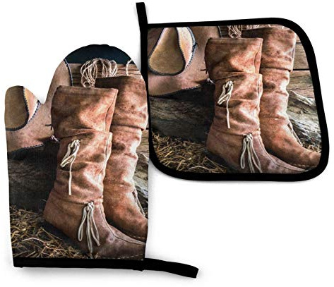 Ofenhandschuhe und Topflappen-Set mit Cowgirl-Stiefeln, Hut im Bauernhof-Print, widerstandsfähige Hot Pads, Küche, Ofenhandschuhe für Mikrowelle, Grillen, Kochen, Backen, Grillen, 2er-Sets