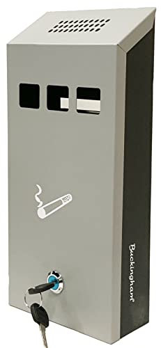 Buckingham Wall Mounted Outdoor Cigarette Bin, Ashtray, Ash Bin, Heavy Duty Ashtray, Pubs, Clubs, Office, Home, Luminous Cigarette Motif, Smoking, Lockable, Slimline, Grey/Black