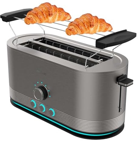 Cecotec Vertikaler Toaster aus Edelstahl mit doppeltem langen Schlitz Shine&Toast Extra Double. 1400W, Kapazität für 4 Scheiben, Breite Schlitze von 3,8 cm, Leuchtring, 7 Röststufen, obere Stangen