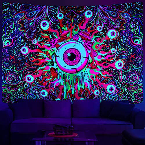 Yugarlibi Schwarzlicht Wandteppich UV Reaktiv Wandbehang Bunt Augen Pilz Wandteppich Ästhetik Hippie Tapisserie Fluoreszierend Wanddekor Wandtuch für Wohnzimmer, Schlafzimmer, Heim 210x150cm