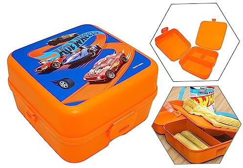 KIDS LICENSING HOVUK Hot WheeIs - Lonchera para niños de 14 cm, 3 compartimentos, de plástico, reutilizable, sin BPA, para niños escolares y regalo de cumpleaños de más de 3 años
