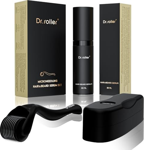 Dr.roller Bartroller Bartwuchs Set, Dermaroller Haare Set mit Derma Roller 1mm und Barthaar-Serum-Öl 30ml Stimuliert Bart Haarwachstum Beschleunigen, Haar- und Bartwuchsmittel Männer Frauen