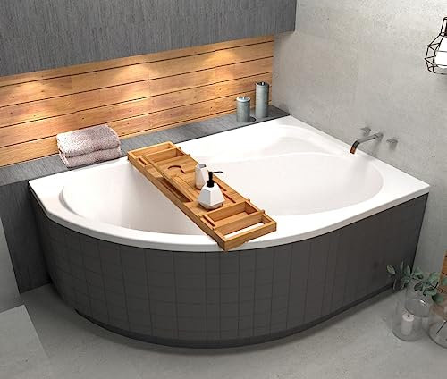 ECOLAM® Badewanne Wanne Eckwanne Eckbadewanne Acryl weiß Wela 160x100 cm RECHTS + universelle Styroporverkleidung befliesbar + Bambus Ablage Ablaufgarnitur Ab- und Überlauf Automatik Füße Silikon Set