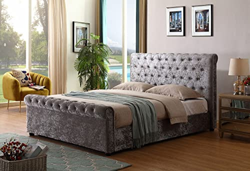 Stratus Interiors Upholstered Crushed Velvet Sleigh Chesterfield Diamante Tufted Ottoman Gas Lift Storage Bed – Available in Single Size/Small Double/Double/Kingsize/Superking (Double - 4.6FT)