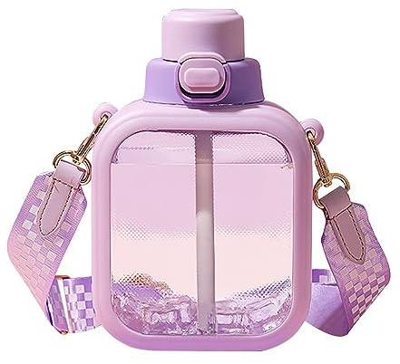 DONGKER Botella de 700ml, botellas de agua dulce con pajitas, botella cuadrada a prueba de fugas con correa para mujeres, gimnasio, ciclismo, yoga, deportes al aire libre y desplazamiento