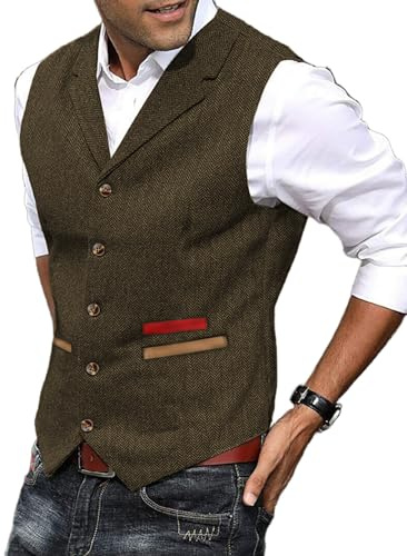 Yiaisafa Herren Anzug Weste Jagd Herringbone Tweed Westen Gilet Wollen Notch Retro Vintage Hochzeit Bräutigam Lässig