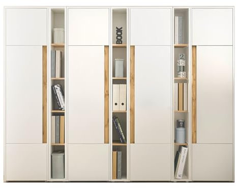 Büroschrank Aktenschrank in weiß und Eiche Wotan 4 x Stauraumschrank und 3 x Regal für Homeoffice und Büro Hochschrank Ordnerschrank XXL Büroeinrichtung modern 260 x 200 cm Center (Set 6)