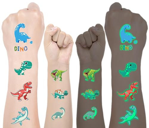 Rusoz Tatuaggi per Bambini Dinosauri, 10 Fogli Tatuaggi Luminosi per Bambini Impermeabile Tatuaggi Temporanei Bambini Che Rispettano la Pelle Bambina Gadget Compleanno Bambini per Feste Compleanno
