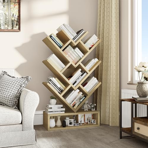 YITAHOME Tree Bookshelf, Floor Standing Bookcase with Wooden Drawer Industrial Shelving Units Display Storage Shelf for Living Room,Home,Office, Oak Color Book shelves