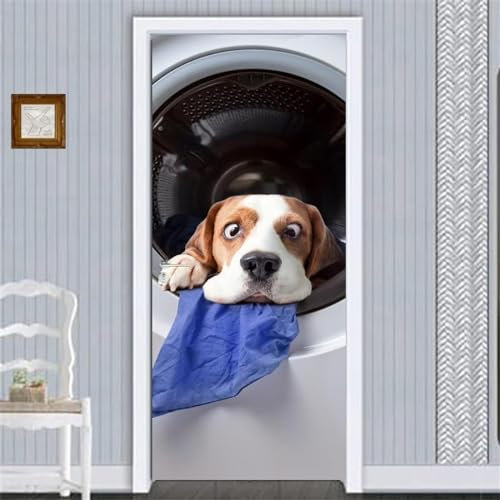 Self Adhesive Door Wrap Sticker - Washing Machine Puppy 80 X 200 Cm / 31 X 78.7 In - Peel And Stick 3D Effect Door Wrap - Hd Removable Vinyl Wallpaper Living Room Kids Room Bedroom Office Kitchen Door