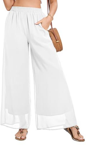 Famulily Chiffon Yoga Hose mit weitem Bein Beach Cover up Hose Elastisch Hochgeschlossen Lose Doppellagige Hose Weiß XXL