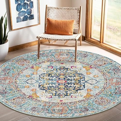 Nyescasa Teppich Rund 120 cm Vintage Boho Mandala Teppich Wohnzimmer Waschbar rutschfest Weich Kurzflor Runder Teppiche für Schlafzimmer Kinderzimmer Outdoor, Beige Blau