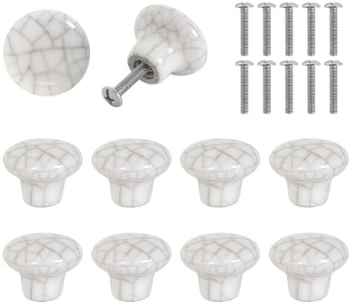 Zimoer 10 Pcs White Ceramic Crackl Door Knobs, Marble Ceramic Furniture Knobs, Marble Drawer Handles with Screws Doors, Cabinets, Drawers and Sideboards (33mm)