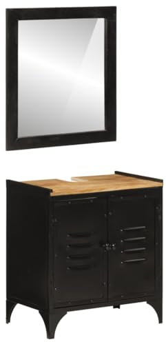 vidaXL Badmöbel Set 2-TLG., Badschrank mit Stauraum, Waschbeckenunterschrank für Badezimmer, Badspiegel Badezimmermöbel, Modern, Eisen Massivholz Mango