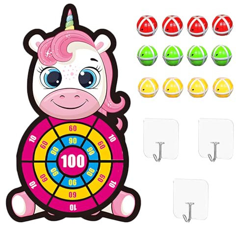 Einhorn Spielzeug für 3–12, ZoneYan Einhorn Geschenke Kinder Dartscheibe mit 12 Bällen und 3 Haken, Einhorn Geburtstagsgeschenk für Mädchen und Jungen, Dart Wurfspiel Set Drinnen und Draußen
