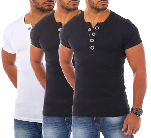 Young & Rich Herren Uni feinripp T-Shirt mit Knopfleiste Big Buttons große Knöpfe 1872, Grösse:S, Farbe:2X Schwarz / 1x Weiß (3er Pack)