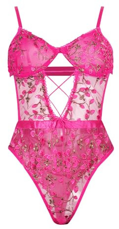 Satohom Women One Piece Sexy Lace Up Floral Embroidered Bodysuit Mesh Sheer Leotard Tops with Underwire Teddy Lingerie Babydoll Hollow Underwear Adjustable Strap Sleepwear Bedroom Women UK