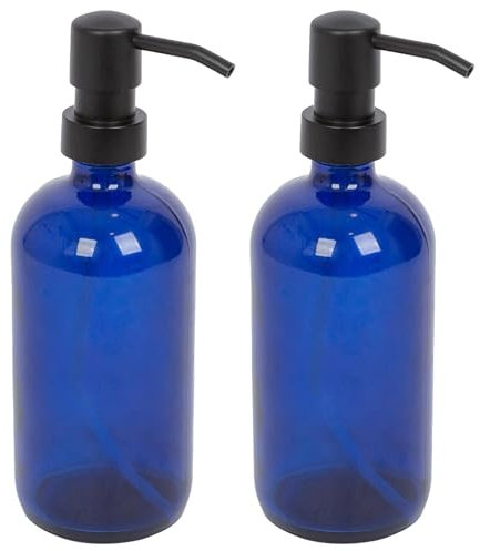Harbour Housewares Blue Glass Soap Dispensers Pack of 2-500ml Refillable Bottles with Black Pumps - Bathroom and Kitchen Accessories for Hand Wash, Lotion or Washing Up Liquid