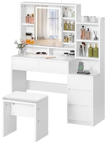 YITAHOME Dressing Table With Mirror and Stool, Vanity Makeup Desk White Bedroom Dressing Tables with LED Lights 5 Drawers, Power Outlet Adjustable Brightness, Modern Makeup Table