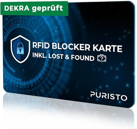 PURISTO® RFID Blocker Karte - DEKRA geprüft - 2in1 inkl. Lost & Found Service - NFC Schutz für Kreditkarten, EC Karten & Ausweise - Ultra dünn Data Blocker - Portemonnaie RFID Blocker gegen Datenklau