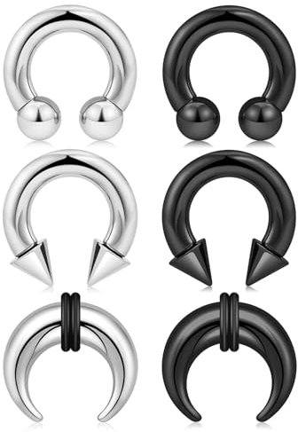 Longbeauty Septum Piercing Pincher Tapers 8G 6G 4G 2G Septum Stretching Kit C-Form Hufeisen Ohrmesser Ohrringe Nasenringe, 6 Pcs, 5MM