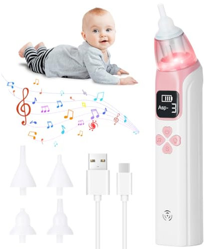 URAQT Nasensauger Baby Elektrisch, Tragbarer Nasensauger mit 4 Wiederverwendbaren Düsenspitzen, 3 SaugstäRken, Wiederaufladbar, Musikfunktion, für Neugeborene, Kleinkinder und Kleinkinder (Rosa)