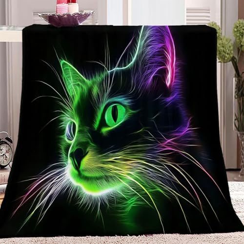 Decke Neon leuchtende Katze, niedliche Überwurfdecke Flauschige Fleecedecke Erwachsene Kinder Druck warme Flanelldecken, 150 x 200 cm, super weich gemütlich für Reisen Couch,