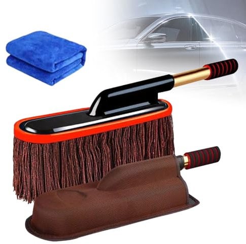Car Duster with Extendable Telescoping Handle, 2025 New Auto Cleaning Dust Remover, Paraffin Treated Cotton Fibers, Scratch Free Dusting and Polishing, SUV Truck RV Garage Use (Brown)