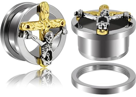 Calefee Tunnel 16mm, Ohr Tunnel Schraubgewinde Edelstahl mit goldenem Kreuz und Totenkopf, Piercing-Ohrringe Gotisch 1 Paar