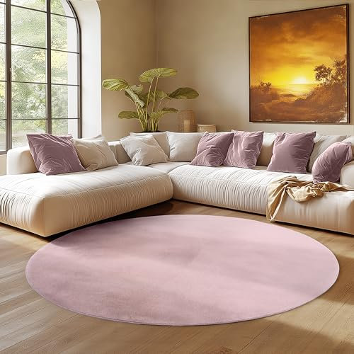 SIMPEX Runder Teppich Rosa 160 cm Kurzflor Teppich Waschbar, rund, weich & rutschfest, modern einfarbiges Design für Wohnzimmer, Küche Schlafzimmer, & Kinderzimmer