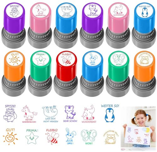 12 Stück Stempel Lehrer Selbstfärbender, Lehrer Bewertung Belohnung Motivation Briefmarken, Lob Ermutigung Kinder Stempel, Bunte Cartoon Lob Siegel Ermutigung, Schüler Hausaufgaben Stamper