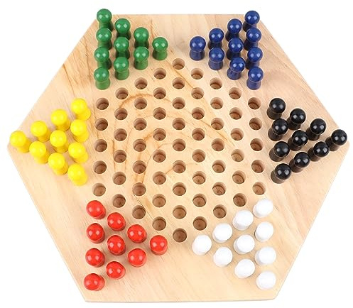 Culnflun Checkers, Damespiel aus Massivholz mit Holzstiften, Chinesisches Checkers Hölzernes Buntes Brettspiel, Traditionelles sechseckiges chinesisches Familien-Damespielset aus Holz, Strategiespiel