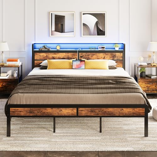 IRONCK Super King Bed Frame with Storage Headboard & LED Lights, Platform Bed Frame Super King with Charging Station, Metal Bed Frame, UnderBed Storage/Mattress Foundation, Vintage Brown