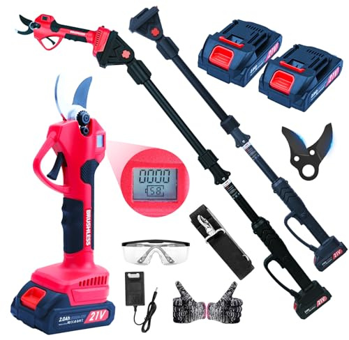 Akku Astschere mit Teleskopstiel, 2 in 1, 2 Akkus, LCD-Display | K5-Stahlklinge Bürstenloser Motor Sicherheitsverriegelung Präzise Schnitte Langlebig & robust
