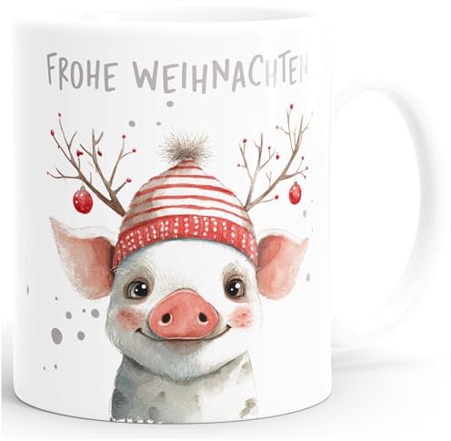 SpecialMe® Weihnachtstasse Frohe Weihnachten Schweinchen-Motiv lustige Tasse Geschenk Idee Weiss standard