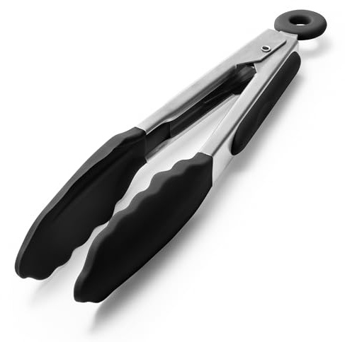 Doosu Silicone Kitchen Cooking Tong, 315℃ Heat Resistant, 18cm, Black | Rubber Tipped, Non Scratch with Locking, Non Slip Grip, Heavy Duty for Pasta Pastry Steak Salad Spaghetti Sausage Serving