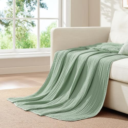 Topfinel 100% Baumwolle Kuscheldecke Erwachsene,XXL Musselin Decke,Hautfreundliche und Weiche Decke,220x240 cm Große Blanket,Kuhlende Atmungsaktive Komfortable Salbeigrün Bettdecke