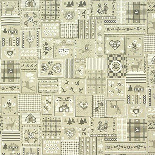 Dekostoff Patchwork Landhaus Hirsch natur weiß grau