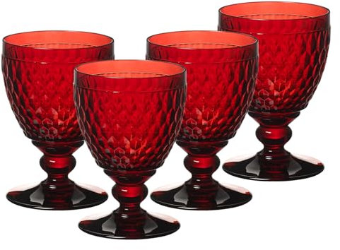 Villeroy & Boch Boston Coloured Wassergläser Red 4er Set, 400 ml, Farbige Trinkgläser mit Facettenmuster, Kristallglas für Softdrinks, Spülmaschinengeeignet, Rot