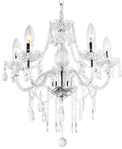 T&S 5 Light Chandelier,Pendant Lamp,Chrome,Clear.Acrylic Bedroom Living Room Ceiling Light … (Chrome) (Clear) (200)