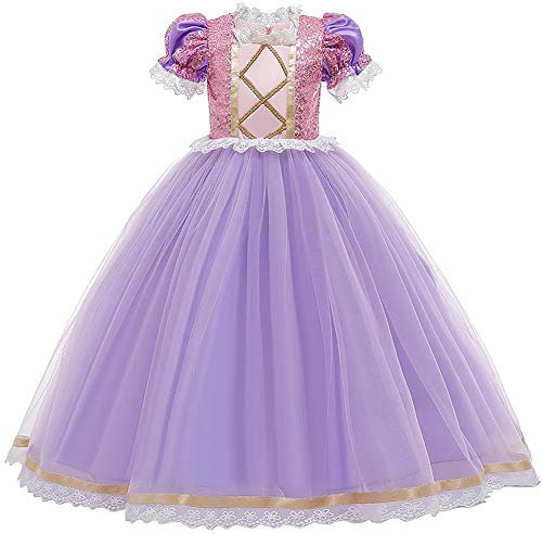 FYMNSI Kinder Prinzessin Kostüm Mädchen Karneval Fasching Cosplay Pailletten Spitze Tüll Maxikleid Halloween Geburtstag Party Ankleiden Zeremonie Hochzeit Abendkleider Lila 4-5 Jahre