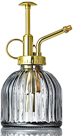 SMLJFO Glas-Bewässerungssprühflasche, 16,3 cm, Vintage-Stil, Spritzer mit goldener Pumpe, vertikales Muster, Gießkanne für Zimmerpflanzen, Garten, Heimdekoration (grau)