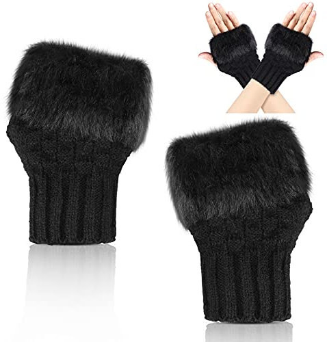 SATINIOR Fingerlos Winterhandschuhe Touchscreen Daumenloch Kunstpelz Strickhandschuhe
