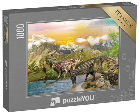 puzzleYOU: Puzzle 1000 Teile „Illustration: Dinosaurier an einem See“ – aus der Puzzle-Kollektion Dinosaurier, Tiere aus Fantasy & Urzeit